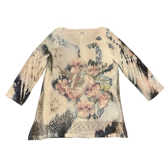 VIA VITALE FLORAL & ANIMAL PRINT WITH RHINESTONE DETAIL 3/4 SLEEVE BLOUSE/Size M - Picture 9 of 13